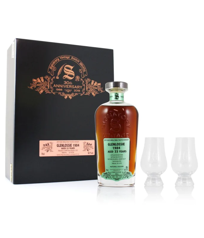 GLENLOSSIE 'SIGNATORY' 1984/33YO 30TH ANNIVERSARY 56.7% 700ML + 2 GLASSES